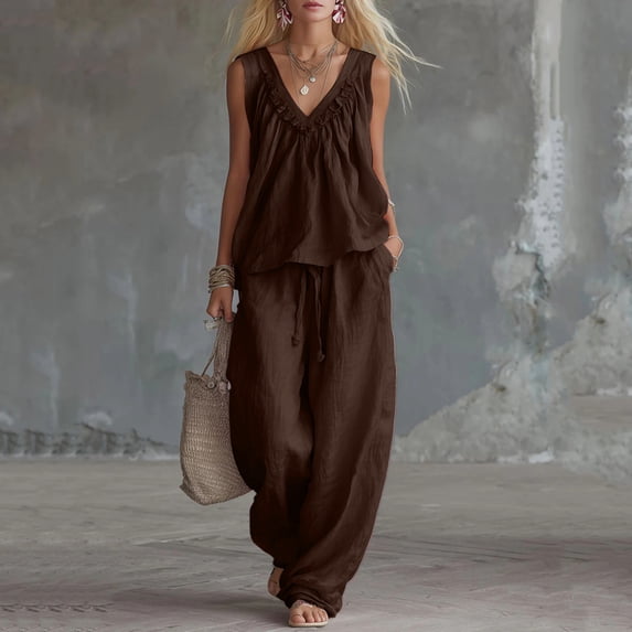 BRELIL Women's Two Piece Sets Summer Casual Loungewear V Neck Sleeveless Tank Top Wide Leg Loose Long Pants Matching Sets Solid Boho Beach Outfits Vacation Travel Tracksuit, Brown XL