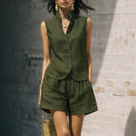 BRELIL Women's Two Piece Sets Summer Casual V Neck Sleeveless Top Shorts Solid Boho Vacation Matching Outfits Loungewear Travel Tracksuit, Army Green XL