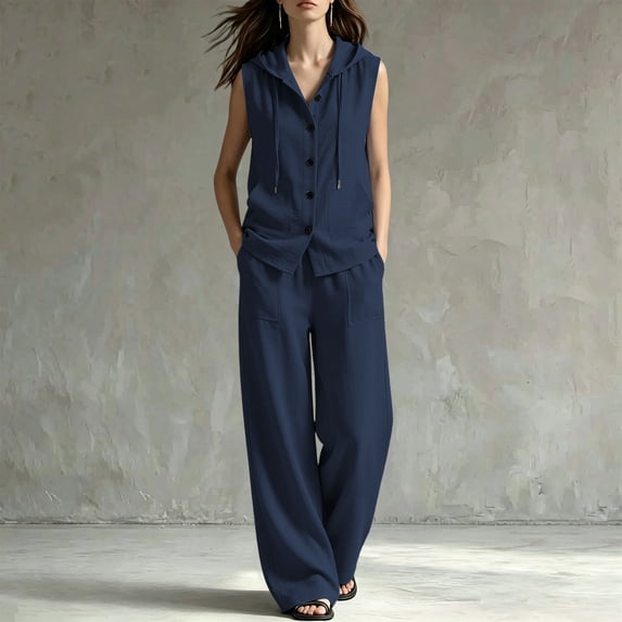 BRELIL Women's Two Piece Sets V Neck Sleeveless Hoodie Wide Leg Pants Casual Lounge Matching Sets Solid Boho Vacation Travel Outfits Loose Tracksuit, Navy M