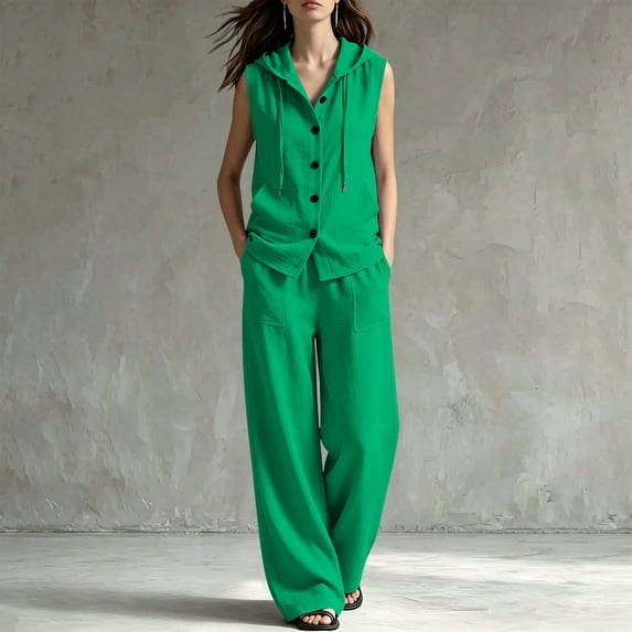 BRELIL Women's Two Piece Sets V Neck Sleeveless Hoodie Wide Leg Pants Casual Lounge Matching Sets Solid Boho Vacation Travel Outfits Loose Tracksuit, Green XL