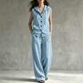 thumbnail image 1 of BRELIL Women's Two Piece Sets V Neck Sleeveless Hoodie Wide Leg Pants Casual Lounge Matching Sets Solid Boho Vacation Travel Outfits Loose Tracksuit, Sky Blue M, 1 of 6