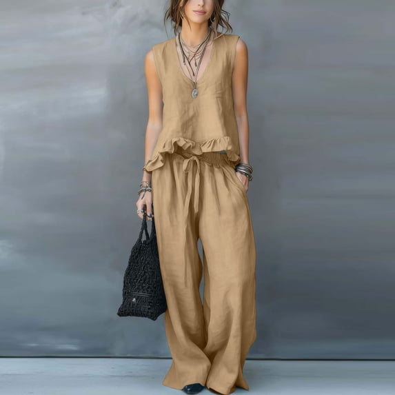 BRELIL Women's Two Piece Sets V Neck Sleeveless Tank Top Wide Leg Pants Casual Solid Boho Beach Loose Lounge Matching Outfits Vacation Travel Tracksuit, Khaki M