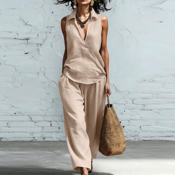 BRELIL Women's Two Piece Sets V Neck Sleeveless Top Wide Leg Pants Casual Summer Lounge Matching Outfits Solid Boho Vacation Travel Tracksuit, Khaki XL