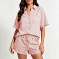 thumbnail image 1 of BRELIL Women's Two Piece Shorts Set Collared Short Sleeve Shirt Drawstring Shorts Casual Summer Lounge Matching Sets Solid Basic 2 Piece Outfits Vacation Travel Wear, Pink XL, 1 of 7