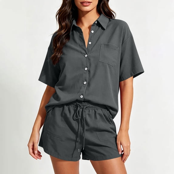 BRELIL Women's Two Piece Shorts Set Collared Short Sleeve Shirt Drawstring Shorts Casual Summer Lounge Matching Sets Solid Basic 2 Piece Outfits Vacation Travel Wear, Dark Gray 2XL