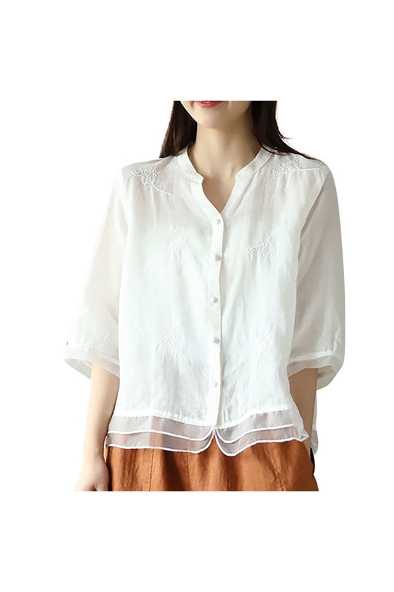 Women's V Neck Cotton Linen Blouse 3/4 Sleeve Embroidery Casual Boho Top Loose Holiday Vacation Beach Tunic Shirt, White 1