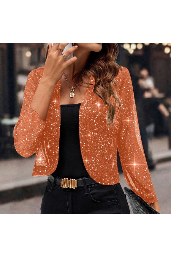 Women's V Neck Sequin Jacket Elegant Long Sleeve Blazer Slim Fit Party Wear Evening Dressy Top Formal Attire, Orange XL