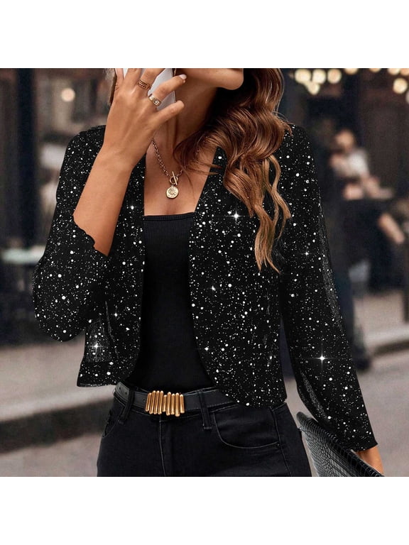 Women's V Neck Sequin Jacket Long Sleeve Elegant Party Blazer Slim Fit Formal Evening Wear Outerwear, Black M