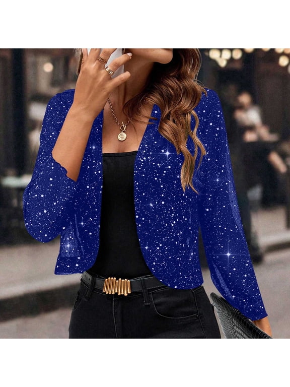 Women's V Neck Sequin Jacket Long Sleeve Elegant Party Blazer Slim Fit Formal Evening Wear Outerwear, Navy M