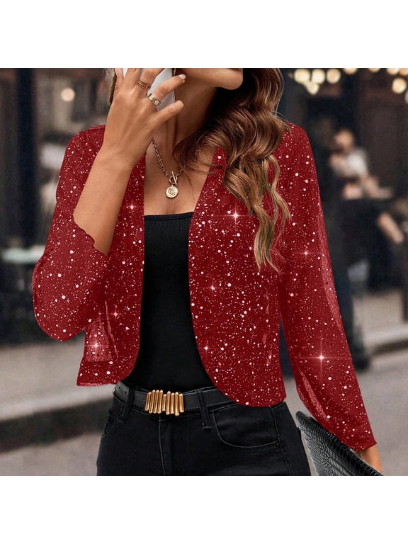 Women's V Neck Sequin Jacket Long Sleeve Elegant Party Blazer Slim Fit Formal Evening Wear Outerwear, Red 2XL