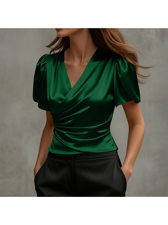 Women's V Neck Short Sleeve Blouse Ruched Satin Wrap Top Elegant Party Wear Casual Shirt, Green L