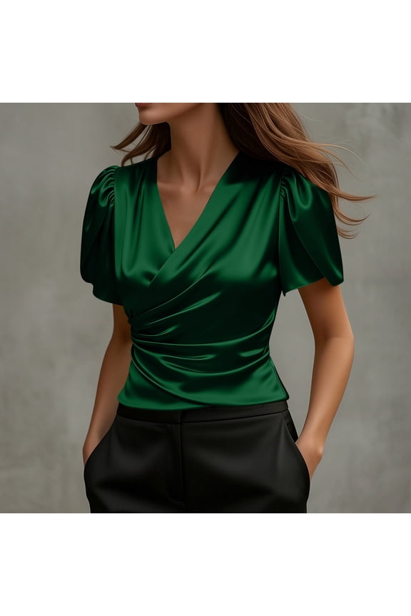 Women's V Neck Short Sleeve Blouse Ruched Satin Wrap Top Elegant Party Wear Casual Shirt, Green S