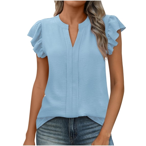 MORESEC Women's V Neck Short Sleeve Ruffle Tops Casual Basic Tee Shirts Summer Beach Vacation Fashion Clothes, Sky Blue XL