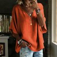 thumbnail image 1 of MORESEC Women's V Neck T-Shirt Cotton Linen Short Sleeve Flowy Casual Blouse Top Solid Basic Tee For Party Outfit And Daily Wear, Orange M, 1 of 7