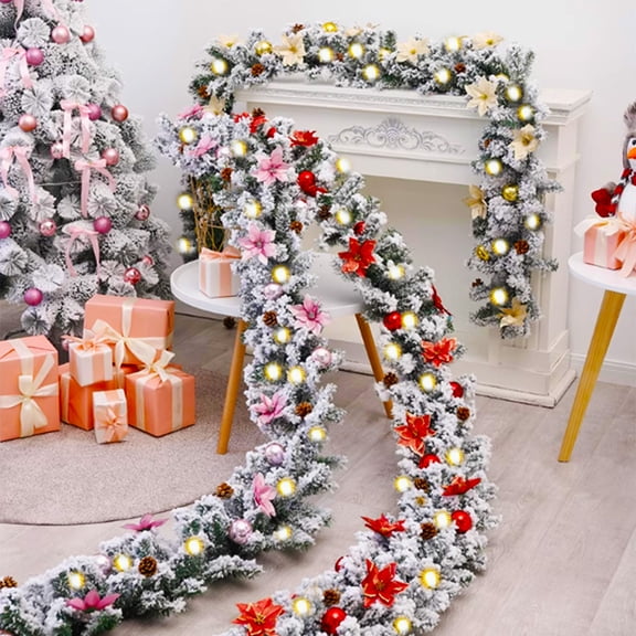 MORESEC XUld Home 106-Inch Christmas Decorative Rattan White Flocked Pine Branches Set with Ornaments Bedroom Decor
