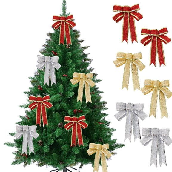 MORESEC XUld Home 2-Pack 5.91-Inch Glitter Fan Tape Bow Gold Silver Red Christmas Tree Decor Decor