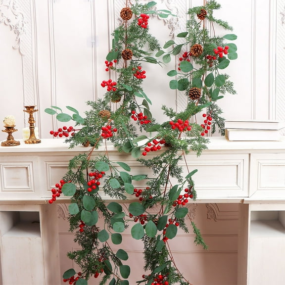 MORESEC XUld Home 74.8-Inch Simulation Christmas Pine Vine Green Plastic Red Fruit Holiday Decor Christmas Decor
