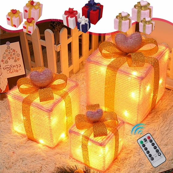 MORESEC XUld Home Christmas Light Box Set of 3 LED Gift Boxes Remote Control Outdoor Indoor Patio Decor 5-10 Inch Gifts