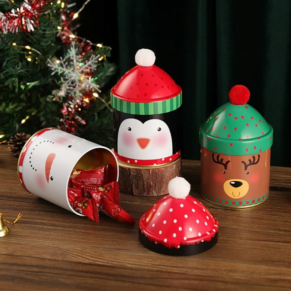 MORESEC XUld Home Christmas Wrought Iron Round Hat Storage Jar Candy Chocolate Container Holiday Gift Decoration Colored Pattern 14x9cm Christmas Decorations