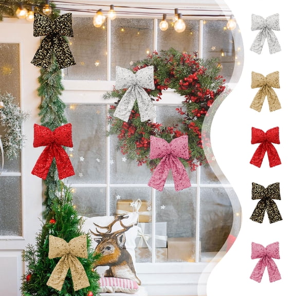 MORESEC XUld Home Sequined Christmas Bow Decorations Pink Black Red Silver Gold for Window Tree 10x16cm Cloth Fabric Christmas Decorations