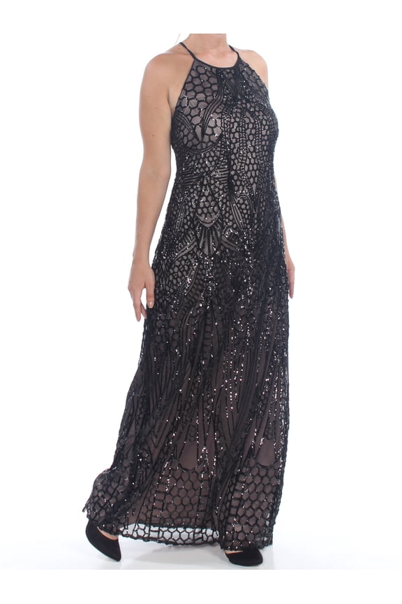 $139 Womens New 1076 Black Sequin Patterned Backless Gown 14W Plus