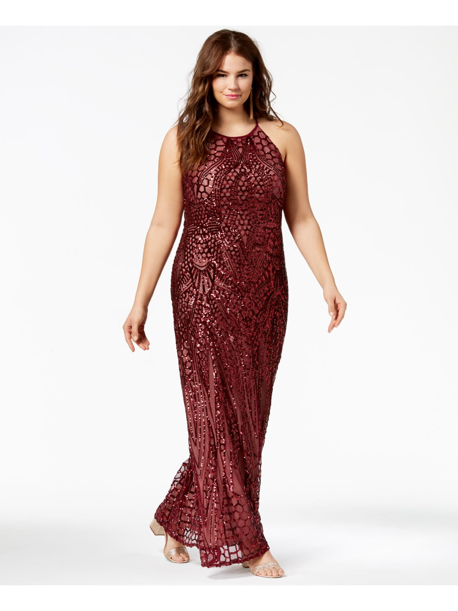MORGAN & CO Womens Burgundy Sequined Zippered Spaghetti Strap Halter  Full-Length Evening Fit + Flare Dress Plus 18W - Walmart.com