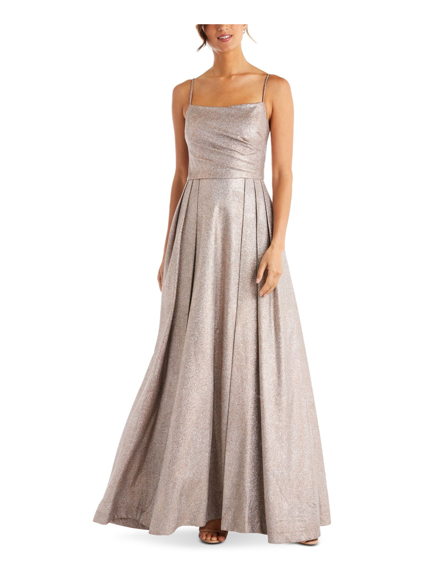 MORGAN CO Womens Gold Pleated Glitter Gown Spaghetti Strap Square Neck Full Length Prom Fit Flare Dress Juniors 9