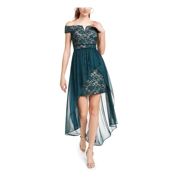 MORGAN & CO Womens Green Lace Embellished Floral Short Sleeve Off Shoulder Maxi Evening Hi-Lo Dress 0