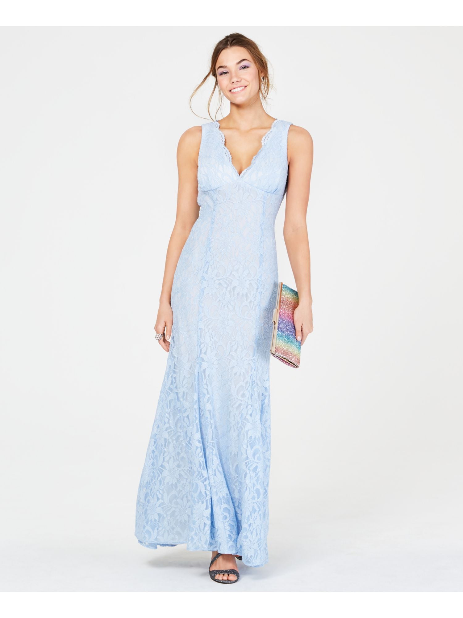 MORGAN CO Womens Light Blue Lace Open back Sleeveless V Neck