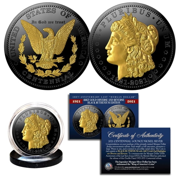 MORGAN DOLLAR Tribute Coin 100th Anniversary 1921-2021 BLACK RUTHENIUM w 24 GOLD