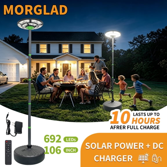 MORGLAD 106 Inch Outdoor Solar Street Light with Pole & Fillable Base, 692 LEDs Solar Lamp Post Light, Solar Powered & DC Charging, IP65 Waterproof