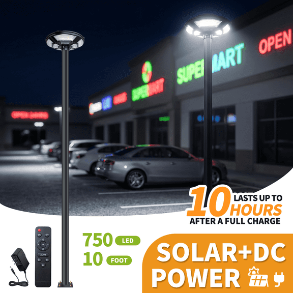 MORGLAD 10ft Outdoor Solar Lamp Post Light Complete Set, 2800LM Downward Floodlight, In-Ground Galvanized Pole, Dual-Charge, Motion Sensor