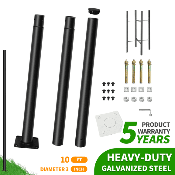 MORGLAD 10ft Outdoor Street Light Pole, Heavy Duty Galvanized Steel Lamp Post with 3-Inch OD, Ground Mount Kit for Concrete & Soil, Black