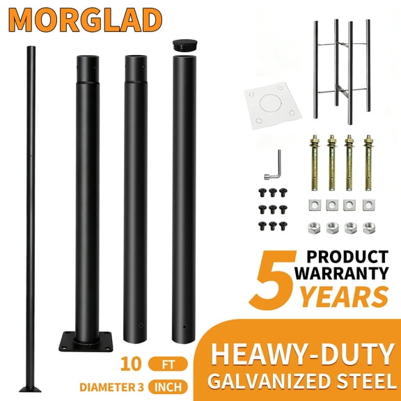 MORGLAD 10ft Outdoor Street Light Pole, Heavy Duty Galvanized Steel Lamp Post with 3-Inch OD, Ground Mount Kit for Concrete & Soil, Black