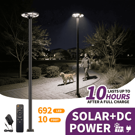MORGLAD 10ft Solar Lamp Post with Waterproof Heavy Duty Galvanized Steel Pole, 692 LED 2800LM Outdoor Security Street Light, Dual Charge, Dusk to Dawn Motion Sensor for Yard & Driveway Setup