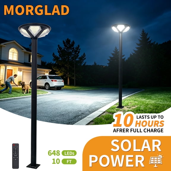 MORGLAD 16.5" Solar Lamp Post Light Outdoor with 10' Steel Pole, 648 LEDs Solar Street Light, IP65 Waterproof, Motion Sensor, Remote Control