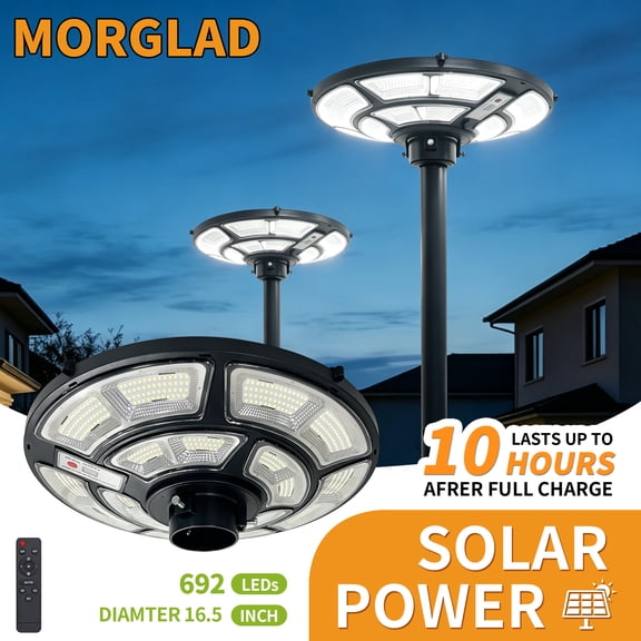 MORGLAD 16.5" Solar Street Lights Outdoor, 692 LEDs Solar Lamp Post Light, Fits 3" & 2 3/8" Poles, IP65 Waterproof, Remote Control, Pole Not Included