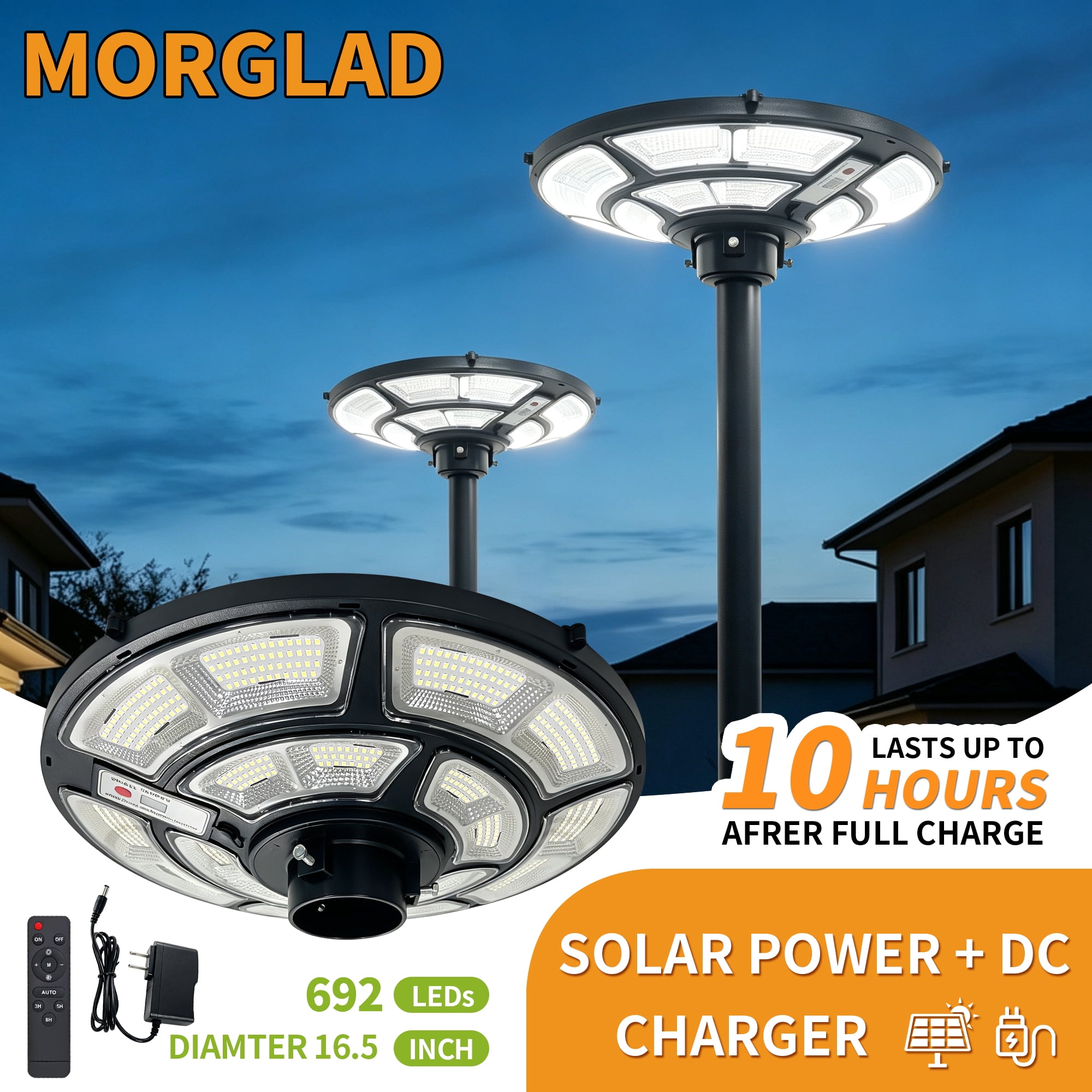 MORGLAD 16.5" Solar Street Lights Outdoor, 692 LEDs Solar Lamp Post Light, Fits 3" & 2 3/8" Poles, Solar Powered & DC Charging, Pole Not Included
