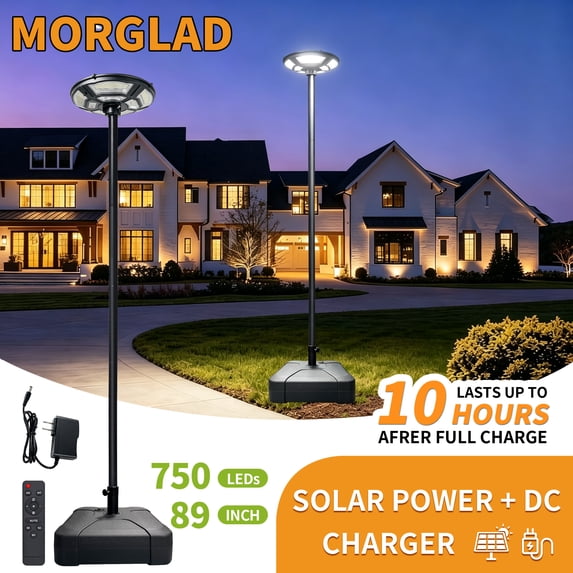 MORGLAD 89" Solar Lamp Post Light with Steel Pole & Base, 750 LEDs 2800LM Outdoor Street Light, Solar Powered & DC Backup Charging, IP65 Waterproof