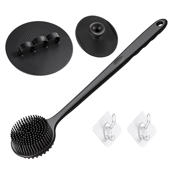 MORGLES 5 Pcs Silicone Body Scrubber Set, Long Handle Back Brush, Large & Small Shower Brushes, 2 Hooks