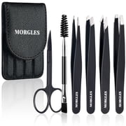MORGLES 6Pcs Tweezers Set, Stainless Steel Tweezers for Eyebrow with Curved Scissors, Brow Brush & Leather Case - for Shaping & Ingrown Hair, Black
