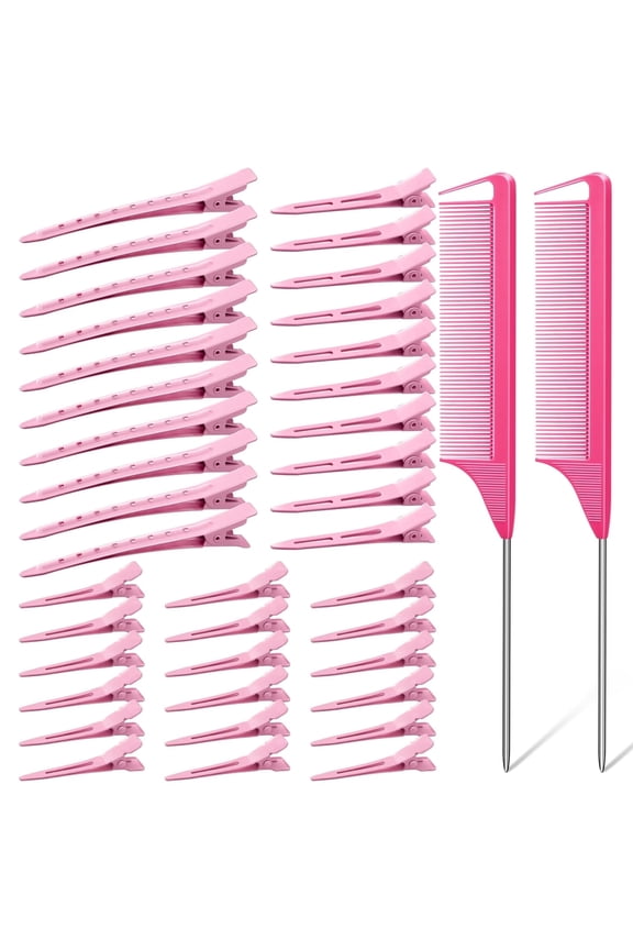 70Pcs No Crease Hair Roller Clips, 3 Sizes Metal Alligator Styling Clips for Sectioning, Professional Hair Styling Tools with 2Pcs Rose Pink Rat Tail Combs for Parting
