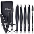 thumbnail image 1 of MORGLES 7PCS Tweezers Set, Stainless Steel Eyebrow Tweezers with Curved Scissors, Razor & Brush for Ingrown & Facial Hair, Travel Case, Black, 1 of 7