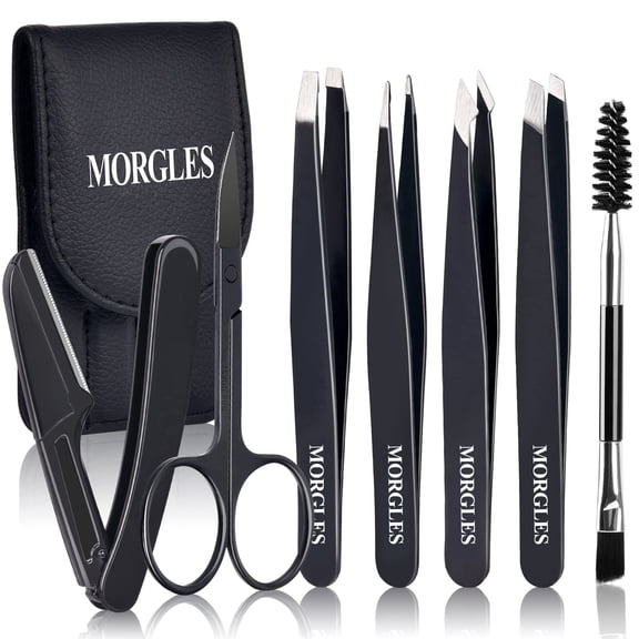 MORGLES 7PCS Tweezers Set, Stainless Steel Eyebrow Tweezers with Curved Scissors, Razor & Brush for Ingrown & Facial Hair, Travel Case, Black