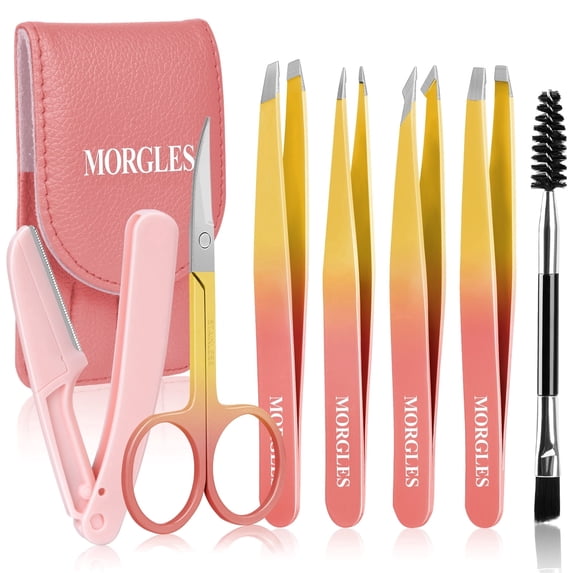 MORGLES 7PCS Tweezers Set, Stainless Steel Eyebrow Tweezers with Curved Scissors, Razor & Brush for Hair Removal, Travel Case, Pink-Yellow Gradient