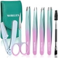 thumbnail image 1 of MORGLES 7Pcs Tweezers Set, Stainless Steel Grooming Kit - Curved Scissors, Eyebrow Razor, Spoolie Brush & Case, Dark Green, for Men & Women, 1 of 6