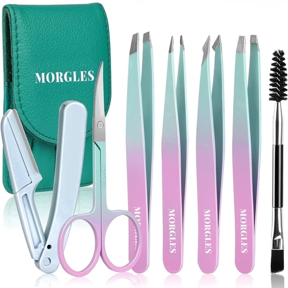 MORGLES 7Pcs Tweezers Set, Stainless Steel Grooming Kit - Curved Scissors, Eyebrow Razor, Spoolie Brush & Case, Dark Green, for Men & Women