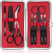 MORGLES Eyebrow Tweezers Kit, 8 Pcs Stainless Steel Precision Brow Shaping Set with Scissors, Razor, Brush & Travel Case, Black & Red