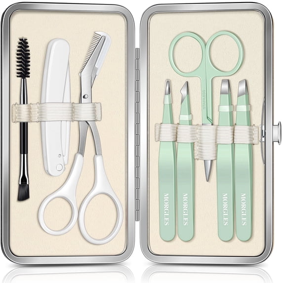 MORGLES Eyebrow Tweezers Kit, 8 Pcs Stainless Steel Precision Brow Shaping Set with Scissors, Razor, Brush & Travel Case, Green