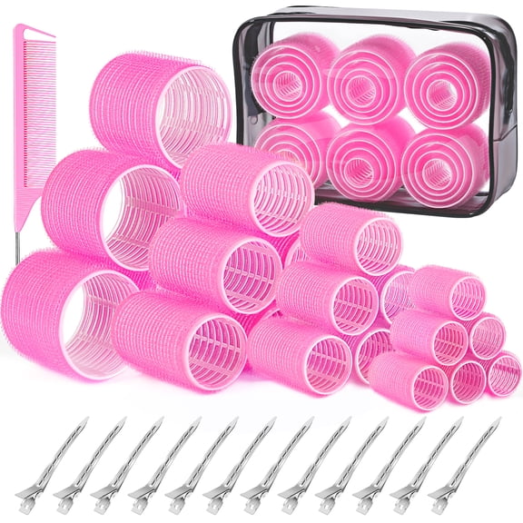 MORGLES Hair Rollers, 37 Pcs Set with 4 Sizes Hair curlers Roller & 12 Clips, Includes Comb & Clear Travel Pouch for Long/Short Hair (Pink)